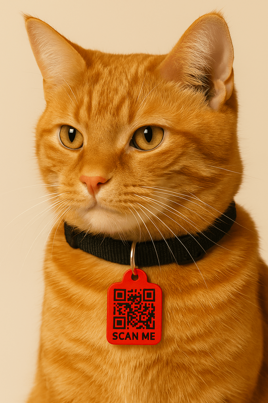 Orange tabby cat with Meatball QR code pet identification tag