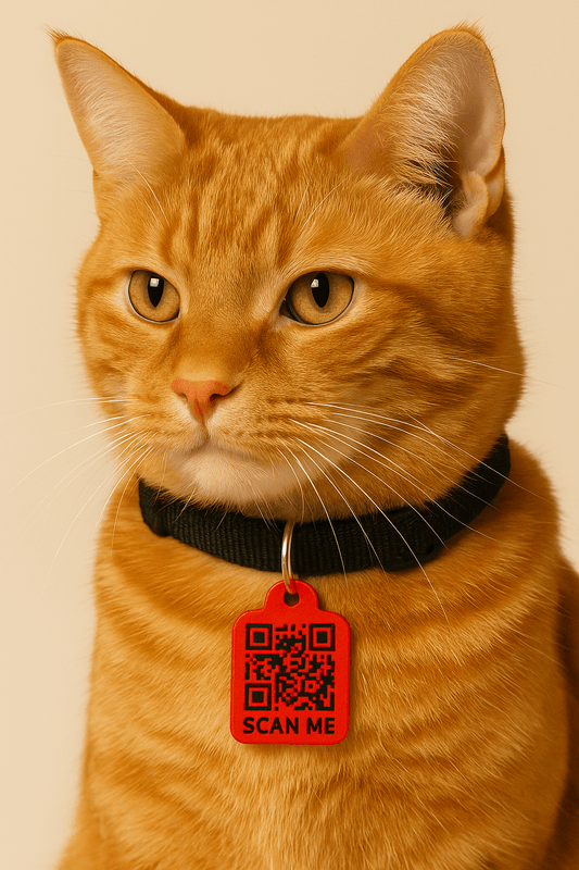 Orange tabby cat with Meatball QR code pet identification tag