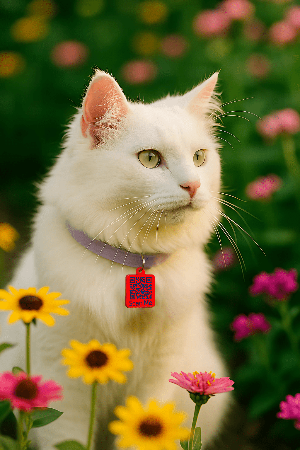 White cat with colourful Meatball QR pet safety tag collar