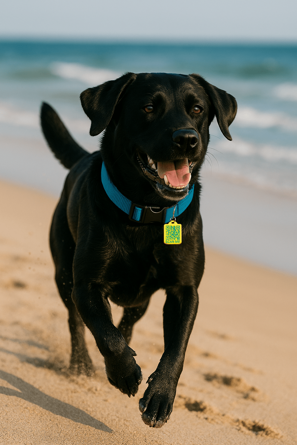 Black dog running on beach wearing Meatball QR pet tracker tag