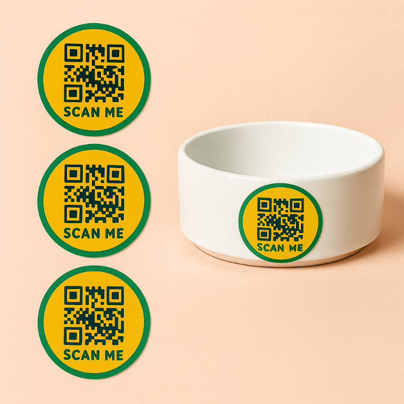 Meatball QR code stickers from bundle which also includes waterproof AirTag holder and pet tag