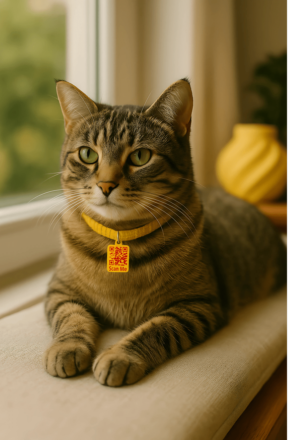 Tabby cat with Meatball QR pet ID tag on collar indoors