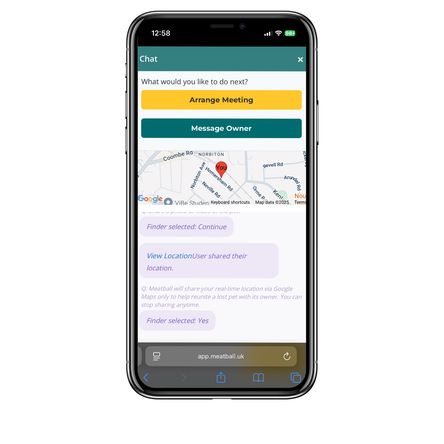 Phone displaying the meatball location-sharing app with map and chat interface
