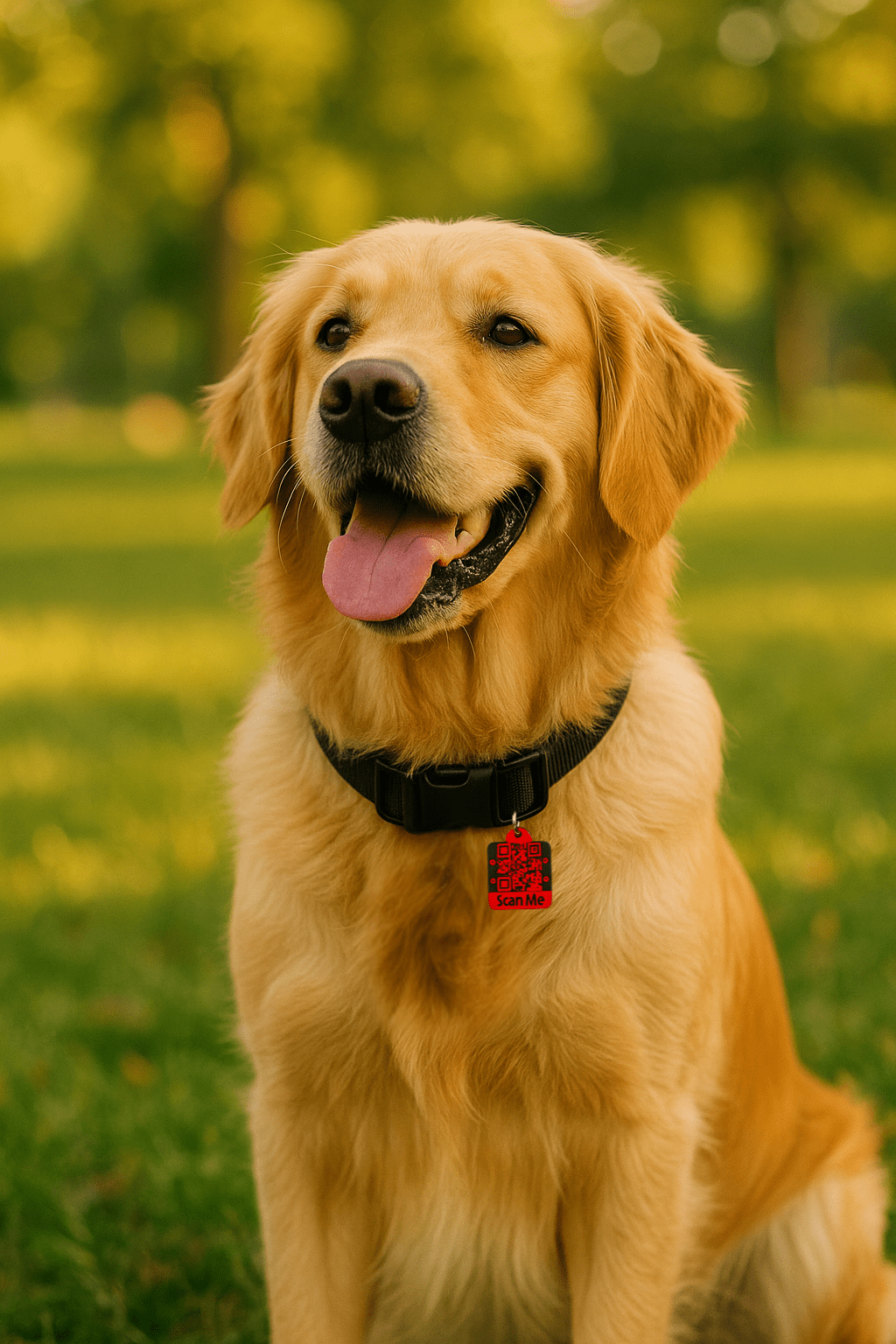 Golden retriever wearing Meatball QR code collar tag outdoors