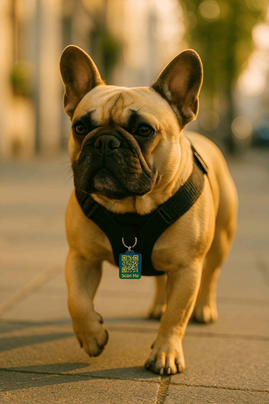 French bulldog wearing waterproof QR code pet tag by Meatball