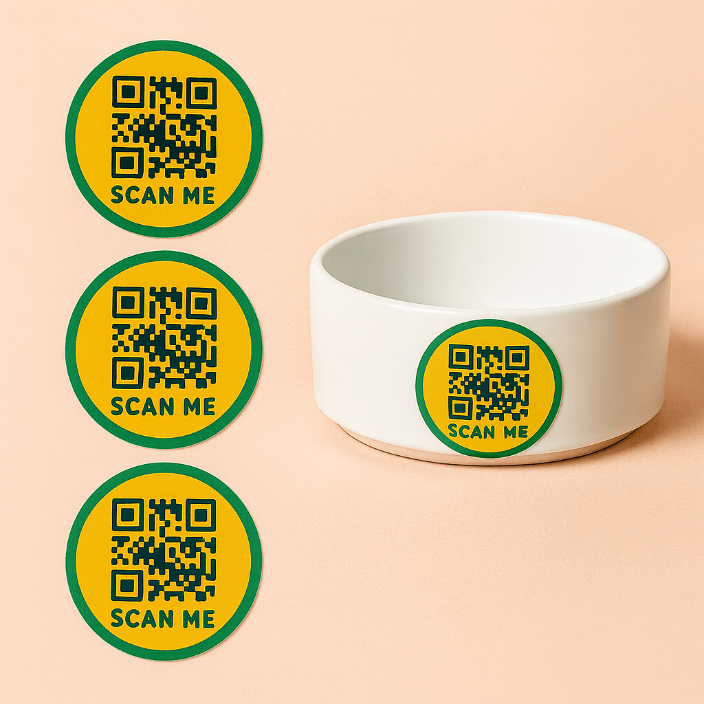 Meatball QR code stickers from bundle which also includes waterproof AirTag holder and pet tag