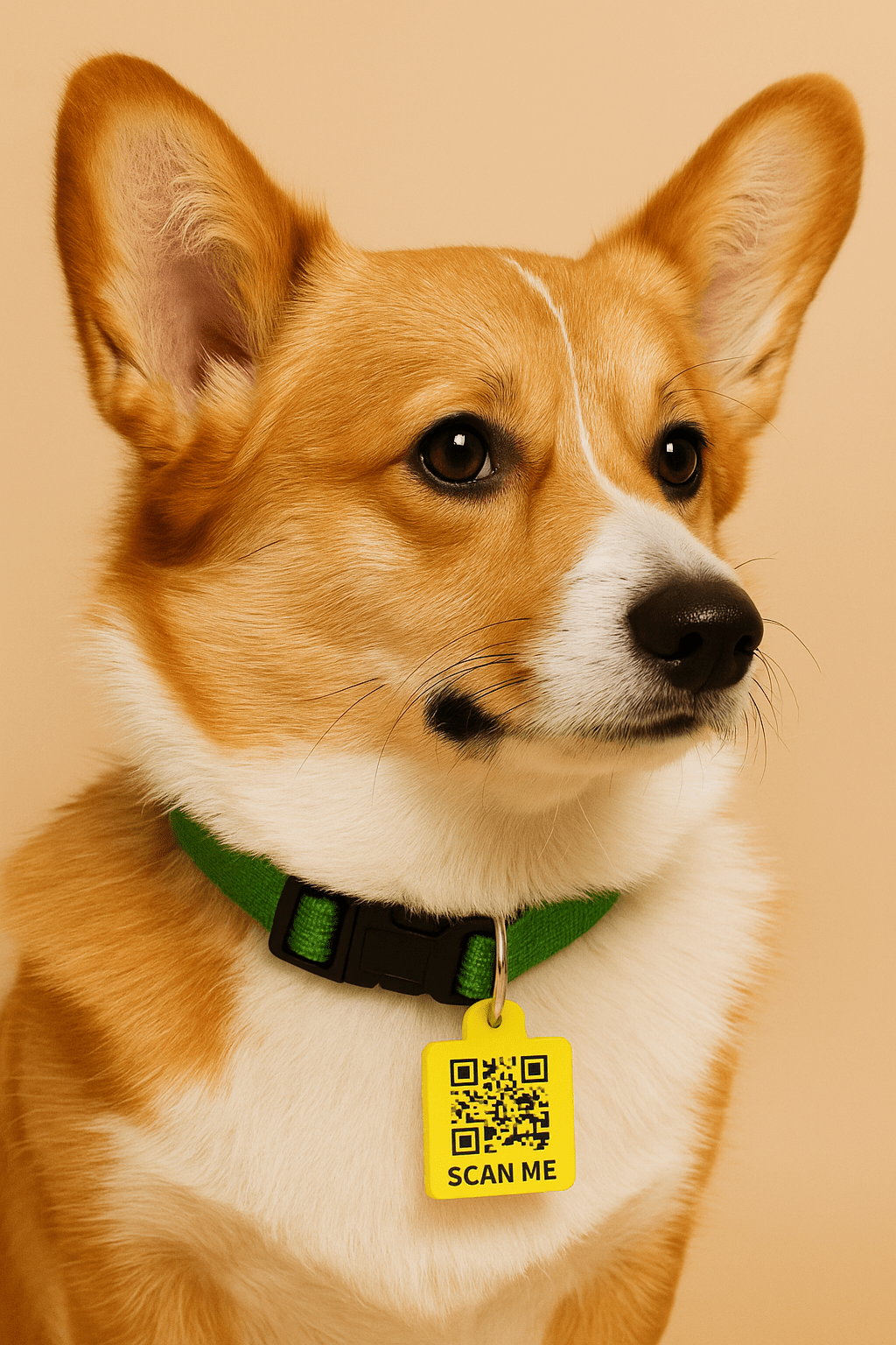 Corgi wearing Meatball QR pet tag for instant reunification